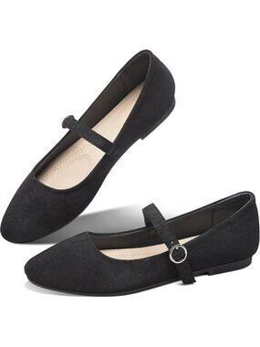 Women's Black Mary Jane Round Toe Ballet Flats Classic Strap Dressy Fabric Shoes